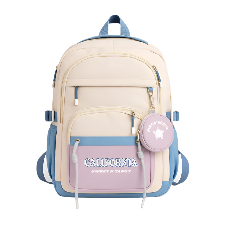Multicolored backpack with 'California Sweet & Tangy' text on a white background