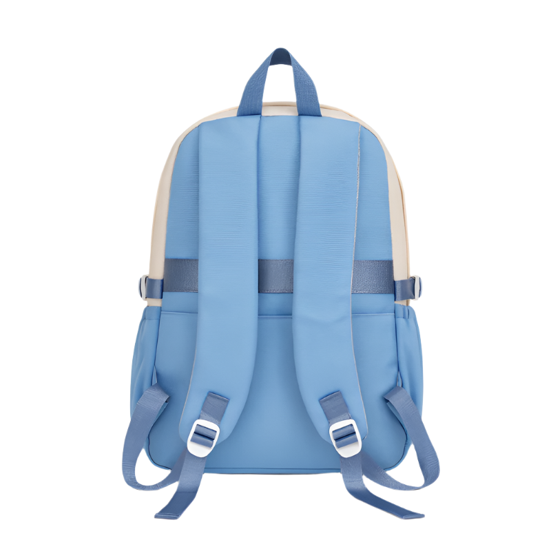 Blue backpack with beige accents on a white background